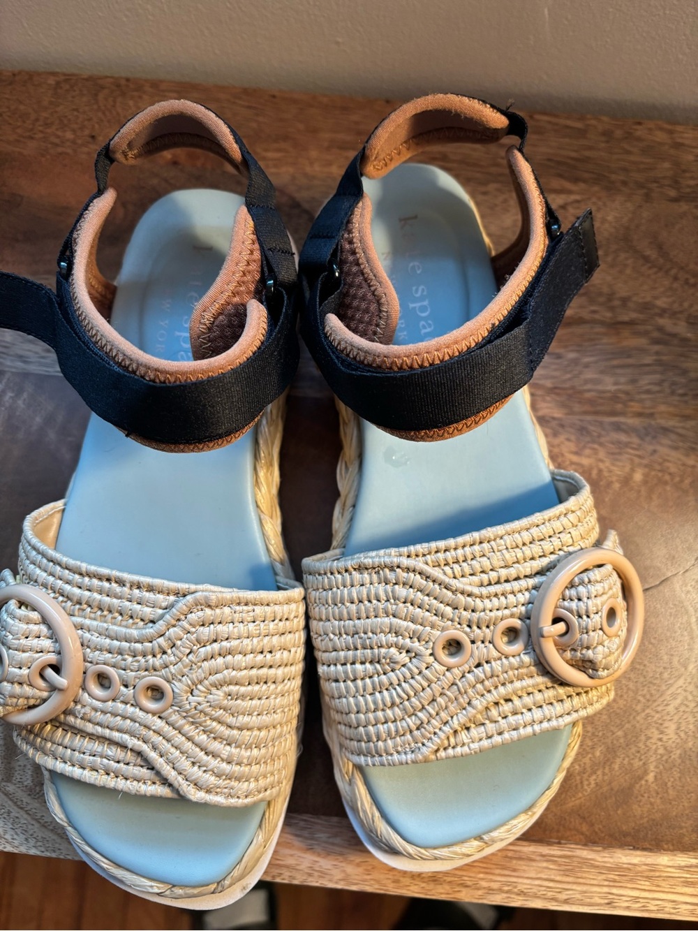 kate spade Beige Woven Sandals with Black Ankle Straps